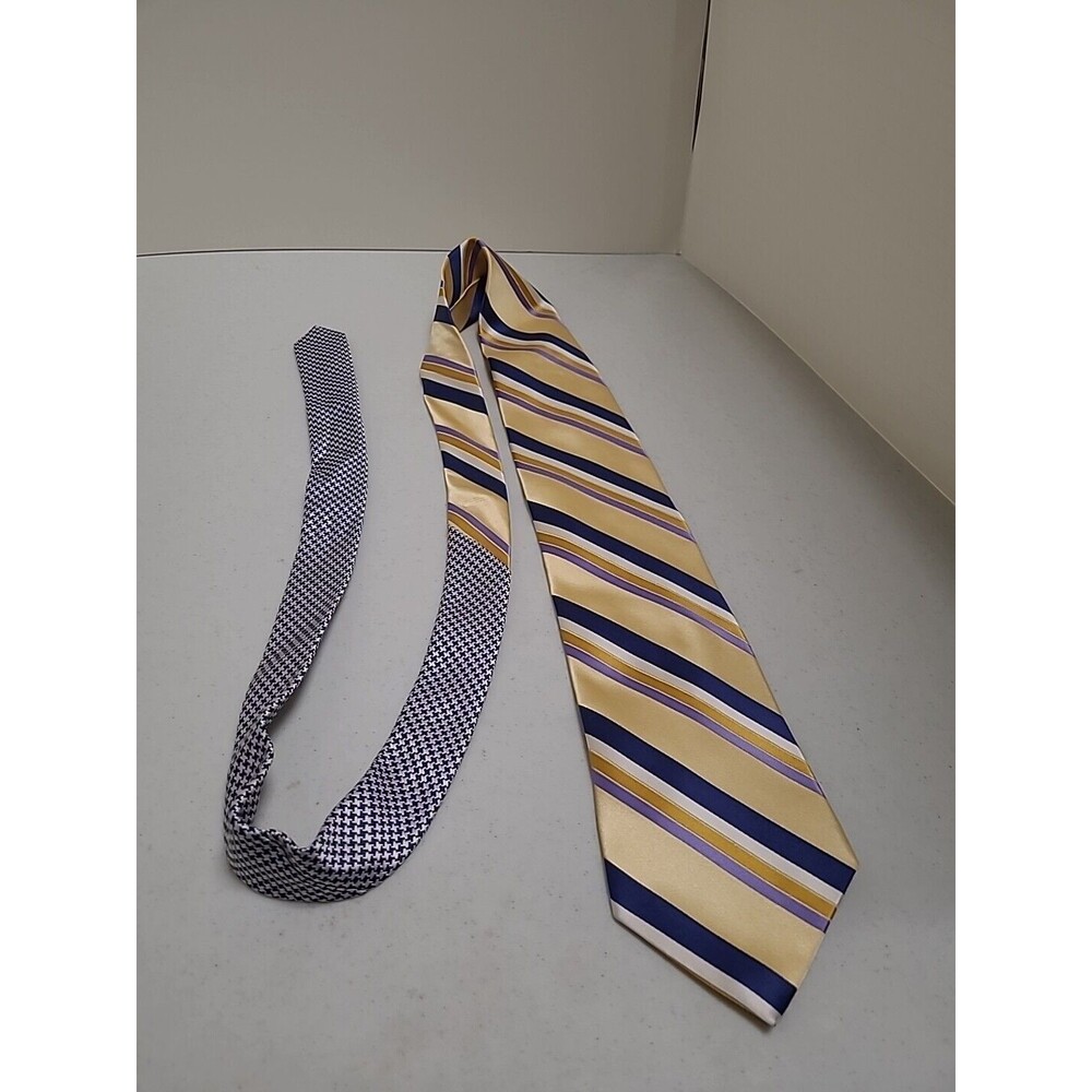 Tommy Hilfiger Silk Neck Tie OS Gold, Blue, White Diagonal Striped Adjustable